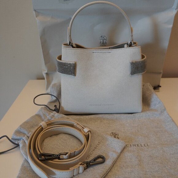 Brunello Cucinelli Essence Bag Small Ivory Suede Top Handle Monili Crossbody New - Picture 2 of 11